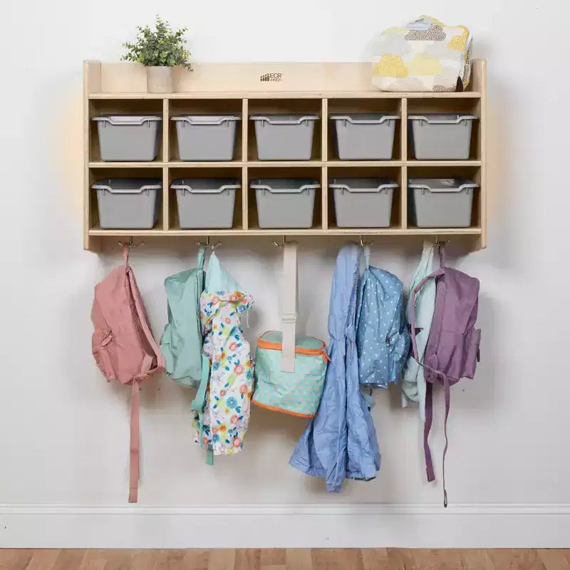 Vestiaire mural à 10 casiers avec étagère et 10 bacs de rangement - Rangement à casiers