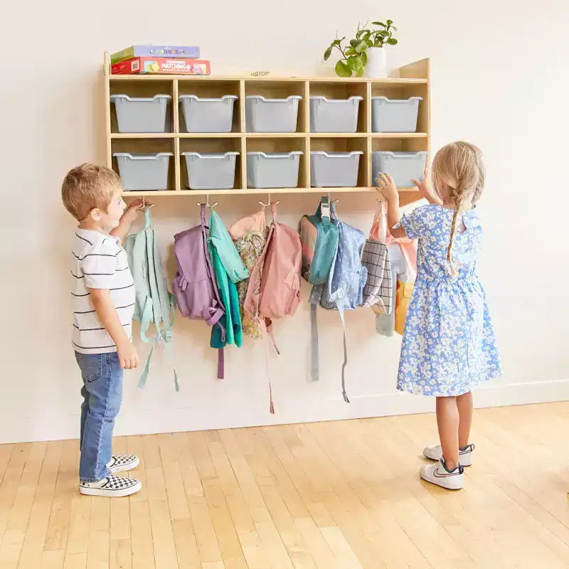 Vestiaire mural à 10 casiers avec étagère et 10 bacs de rangement - Rangement à casiers
