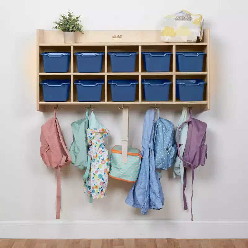 Vestiaire mural à 10 casiers avec étagère et 10 bacs de rangement - Rangement à casiers