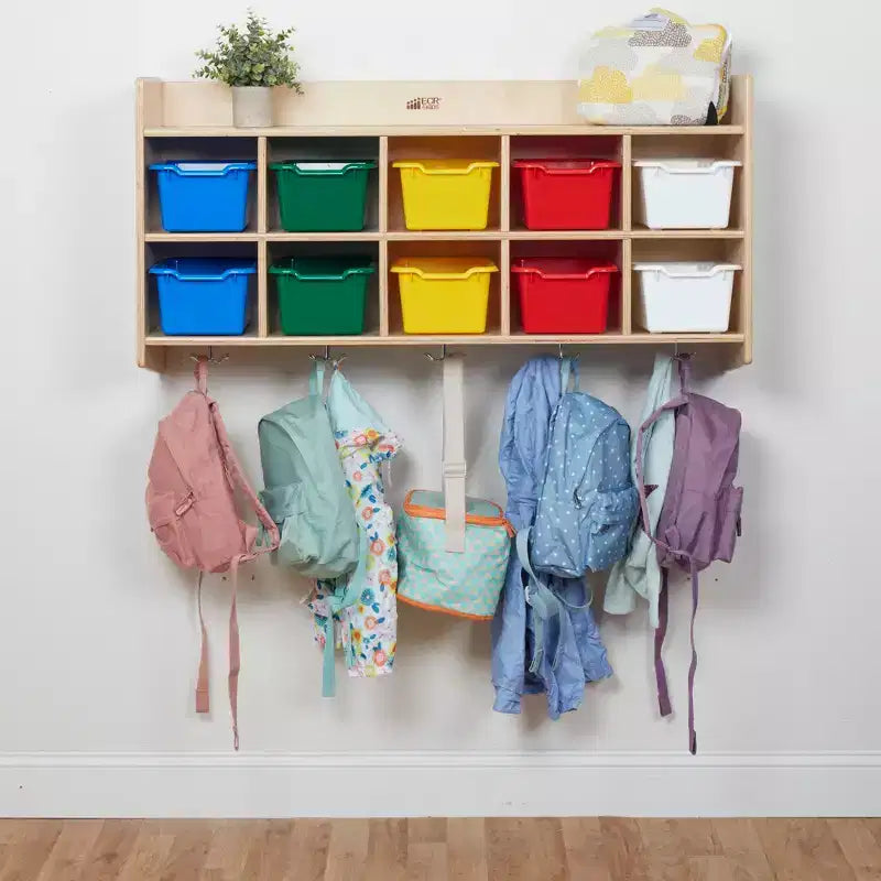 Vestiaire mural à 10 casiers avec étagère et 10 bacs de rangement - Rangement à casiers