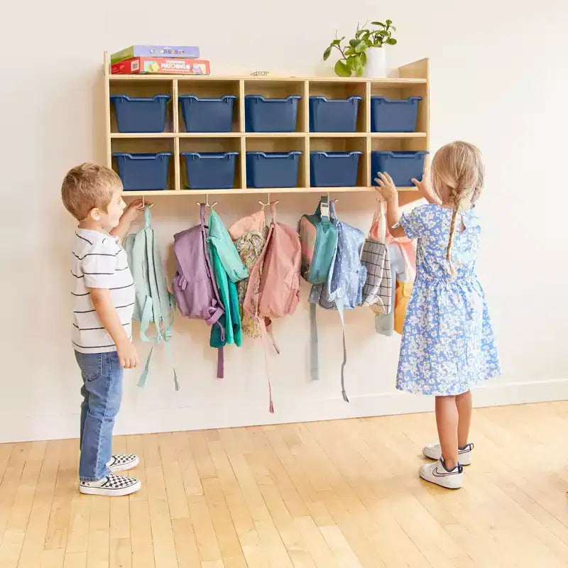 Vestiaire mural à 10 casiers avec étagère et 10 bacs de rangement - Rangement à casiers