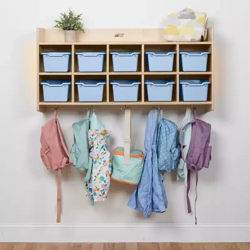 Vestiaire mural à 10 casiers avec étagère et 10 bacs de rangement - Rangement à casiers