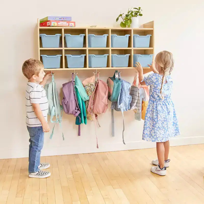 Vestiaire mural à 10 casiers avec étagère et 10 bacs de rangement - Rangement à casiers