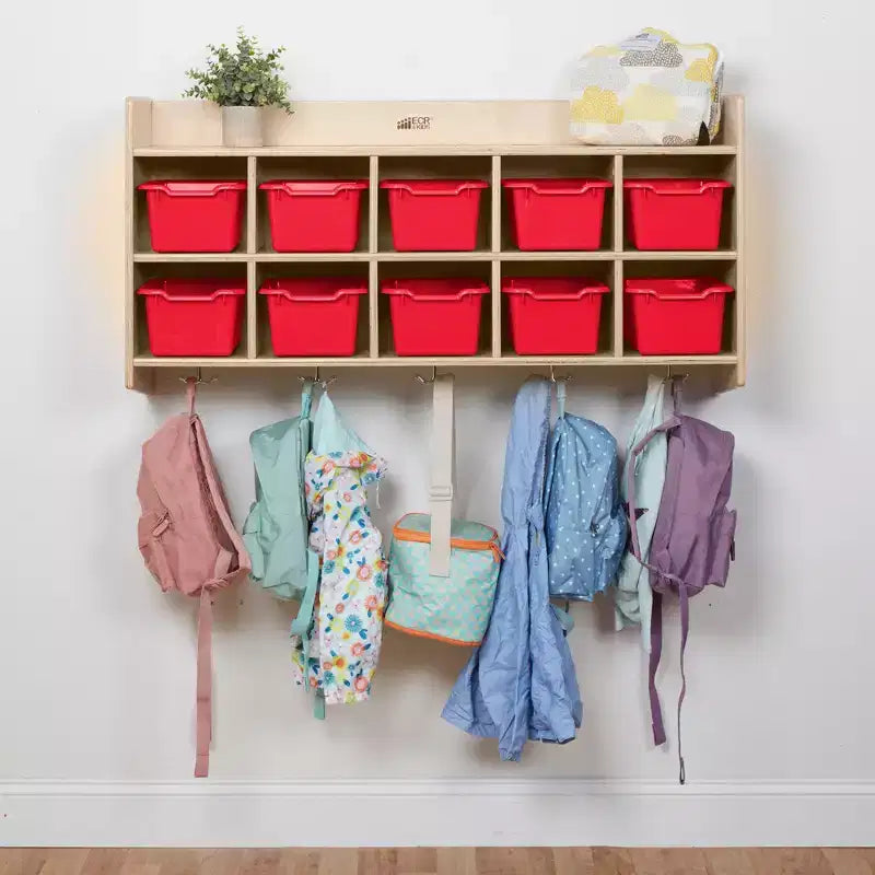 Vestiaire mural à 10 casiers avec étagère et 10 bacs de rangement - Rangement à casiers