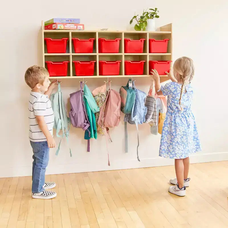 Vestiaire mural à 10 casiers avec étagère et 10 bacs de rangement - Rangement à casiers