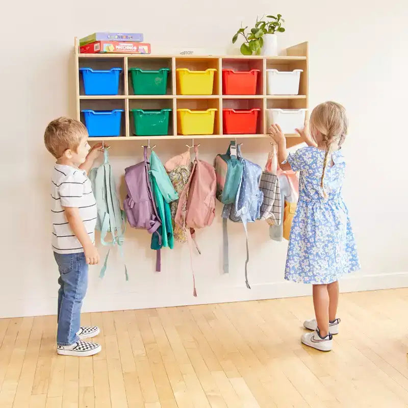 Vestiaire mural à 10 casiers avec étagère et 10 bacs de rangement - Rangement à casiers