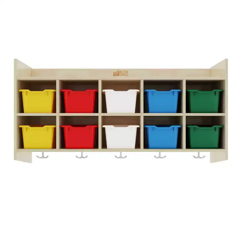 Vestiaire mural à 10 casiers avec étagère et 10 bacs de rangement - Rangement à casiers