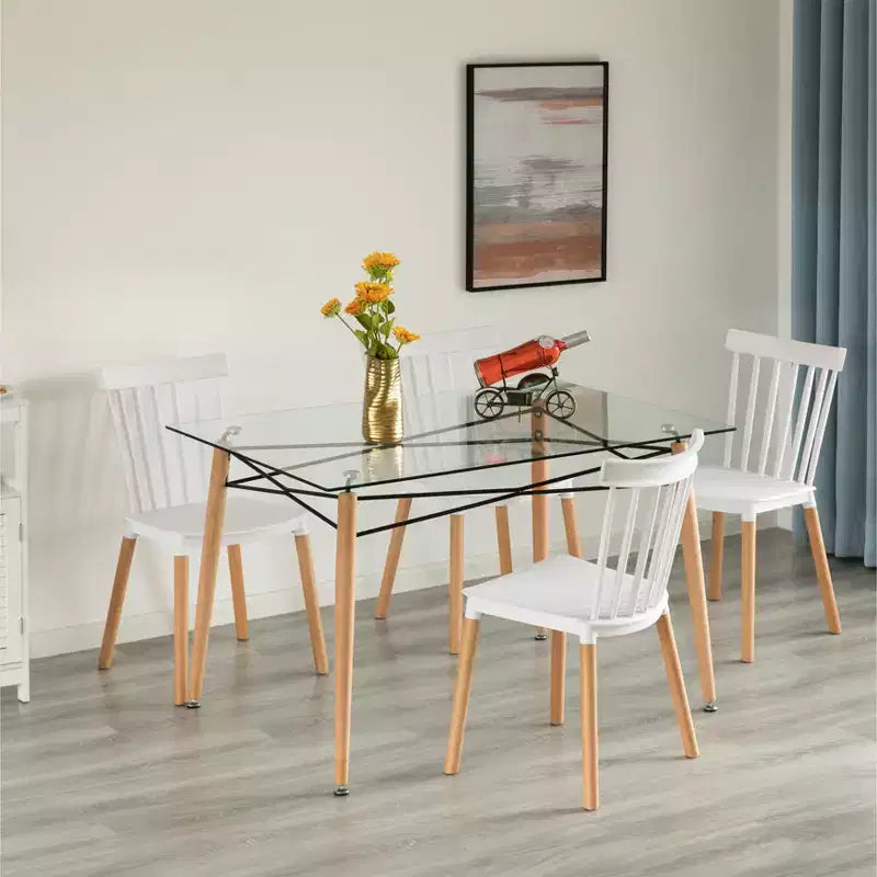 Table à manger rectangulaire en verre trempé transparent - Style Mid-Century, pieds en bois massif, 4 à 6 places