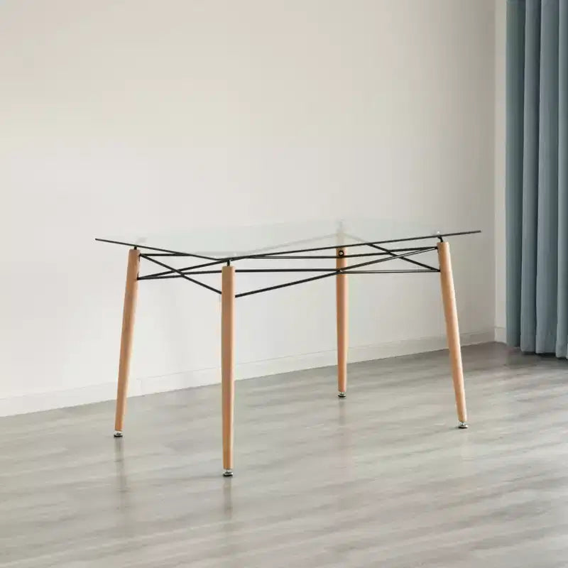 Table à manger rectangulaire en verre trempé transparent - Style Mid-Century, pieds en bois massif, 4 à 6 places