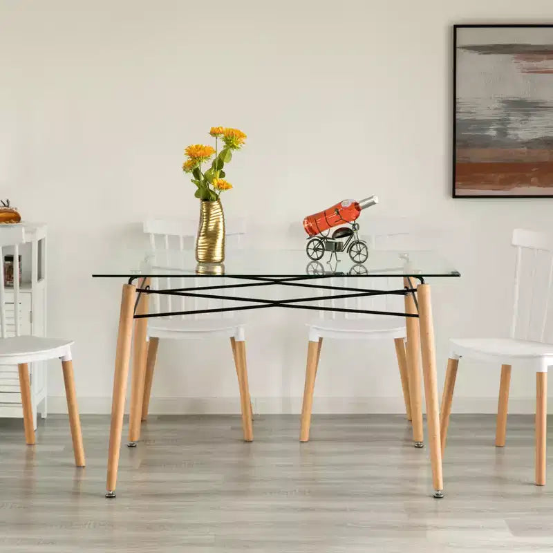 Table à manger rectangulaire en verre trempé transparent - Style Mid-Century, pieds en bois massif, 4 à 6 places