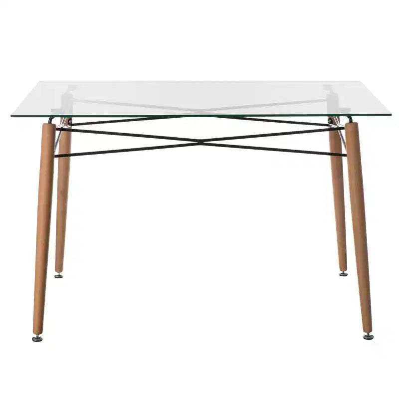 Table à manger rectangulaire en verre trempé transparent - Style Mid-Century, pieds en bois massif, 4 à 6 places