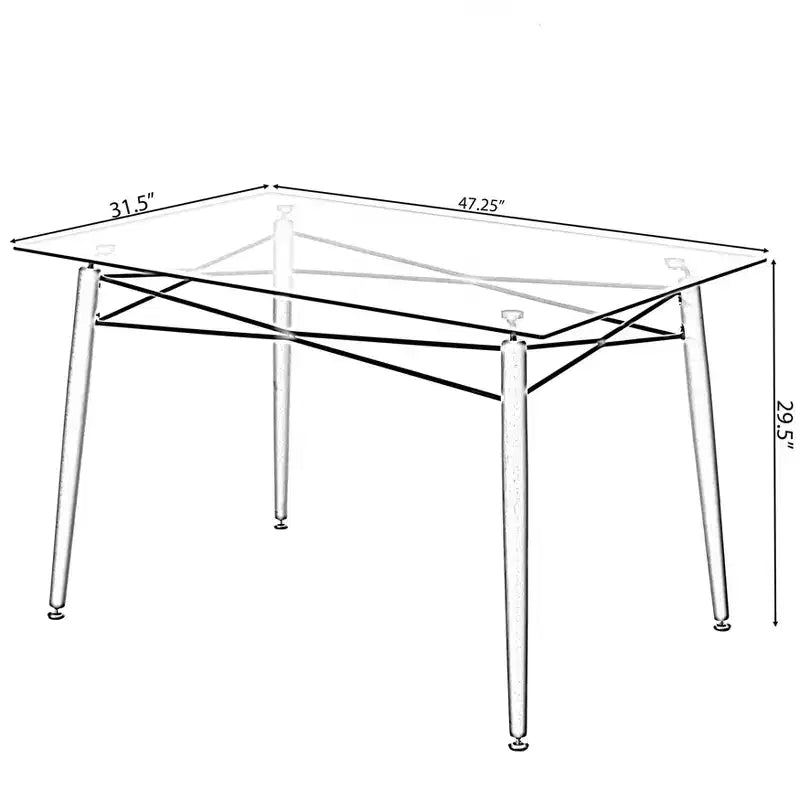 Table à manger rectangulaire en verre trempé transparent - Style Mid-Century, pieds en bois massif, 4 à 6 places