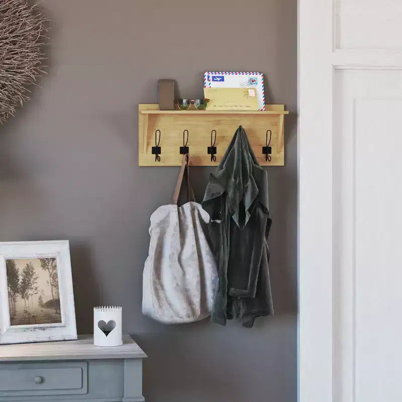 Porte-manteau mural en pin de 60 cm avec 5 crochets et étagère supérieure