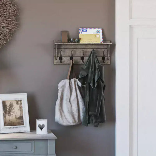 Porte-manteau mural en pin de 60 cm avec 5 crochets et étagère supérieure