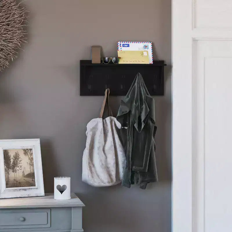 Porte-manteau mural en pin de 60 cm avec 5 crochets et étagère supérieure