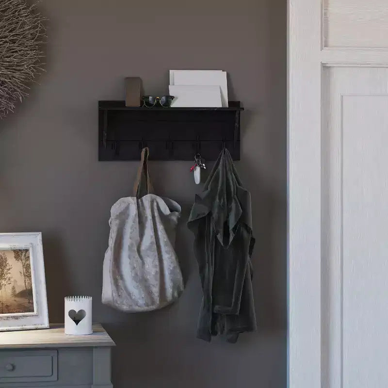 Porte-manteau mural en pin de 60 cm avec 5 crochets et étagère supérieure
