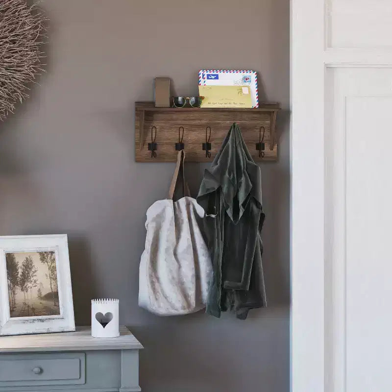 Porte-manteau mural en pin de 60 cm avec 5 crochets et étagère supérieure