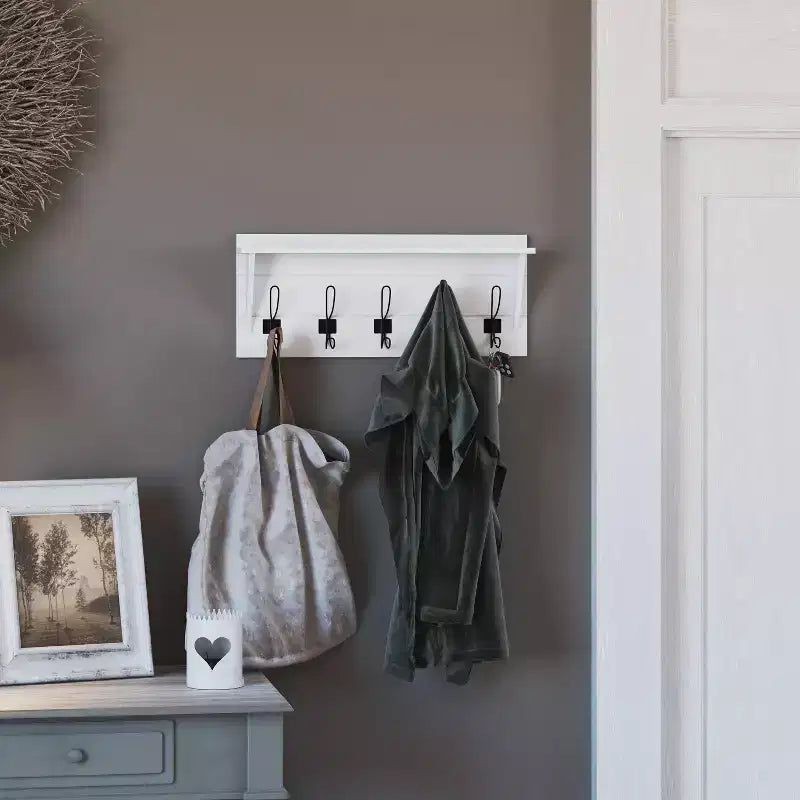 Porte-manteau mural en pin de 60 cm avec 5 crochets et étagère supérieure