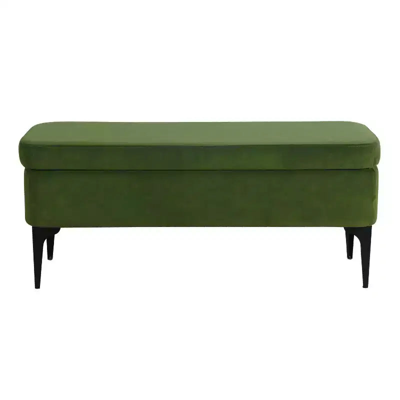 Grand banc de rangement rembourré moderne - Velours vert, pieds en métal noir, 42"L