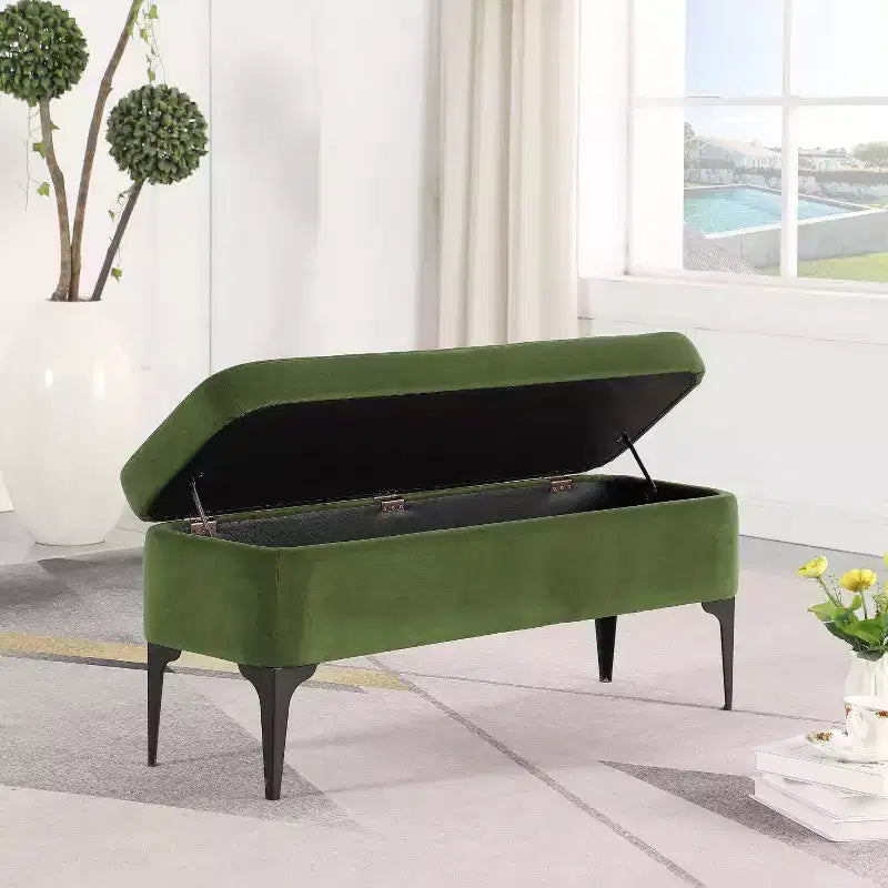 Grand banc de rangement rembourré moderne - Velours vert, pieds en métal noir, 42"L