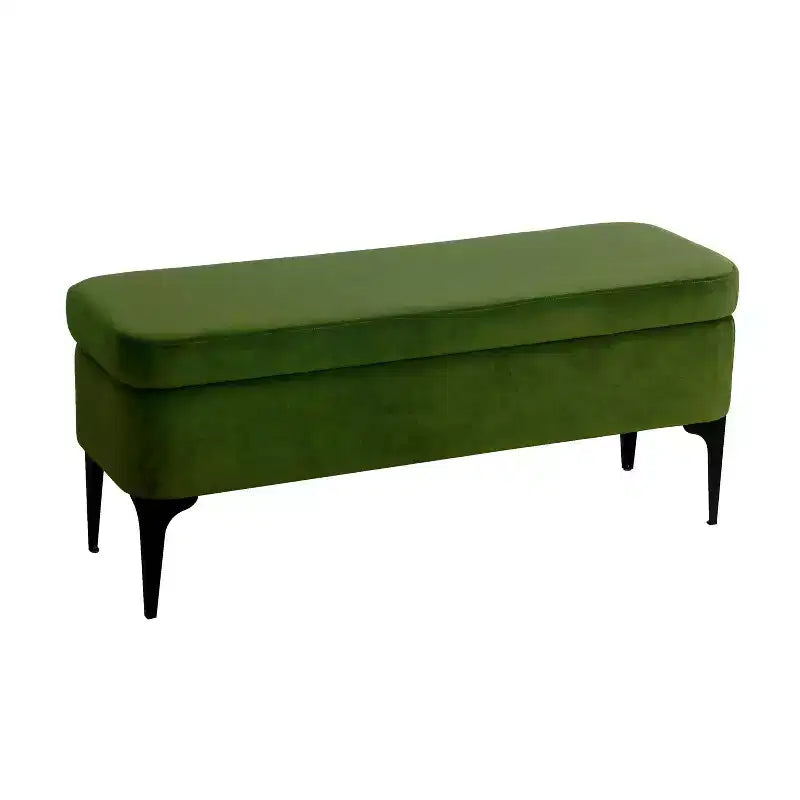 Grand banc de rangement rembourré moderne - Velours vert, pieds en métal noir, 42"L
