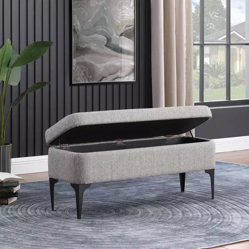 Grand banc de rangement rembourré moderne - Velours vert, pieds en métal noir, 42"L