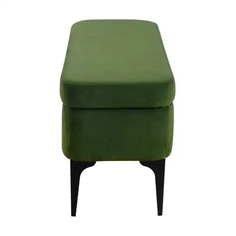 Grand banc de rangement rembourré moderne - Velours vert, pieds en métal noir, 42"L