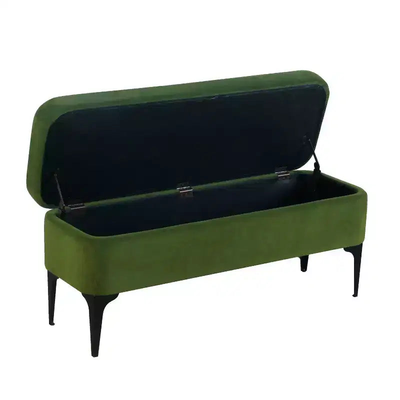 Grand banc de rangement rembourré moderne - Velours vert, pieds en métal noir, 42"L