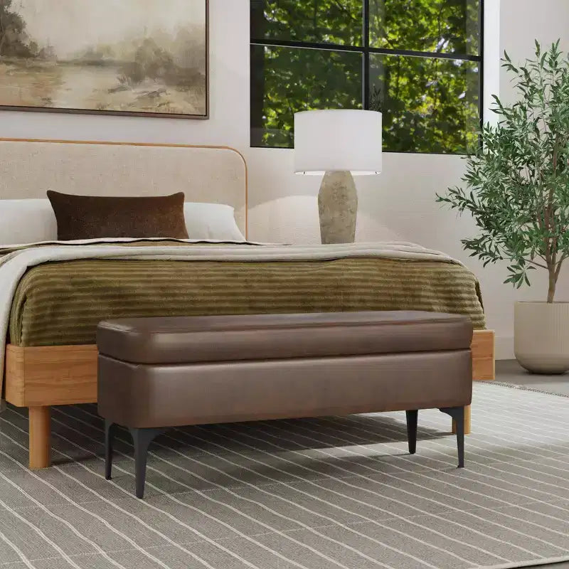 Grand banc de rangement rembourré moderne - Velours vert, pieds en métal noir, 42"L