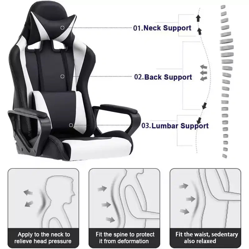 Chaise de jeu et de bureau à dossier haut avec support lombaire - Cuir PU, Pivotant
