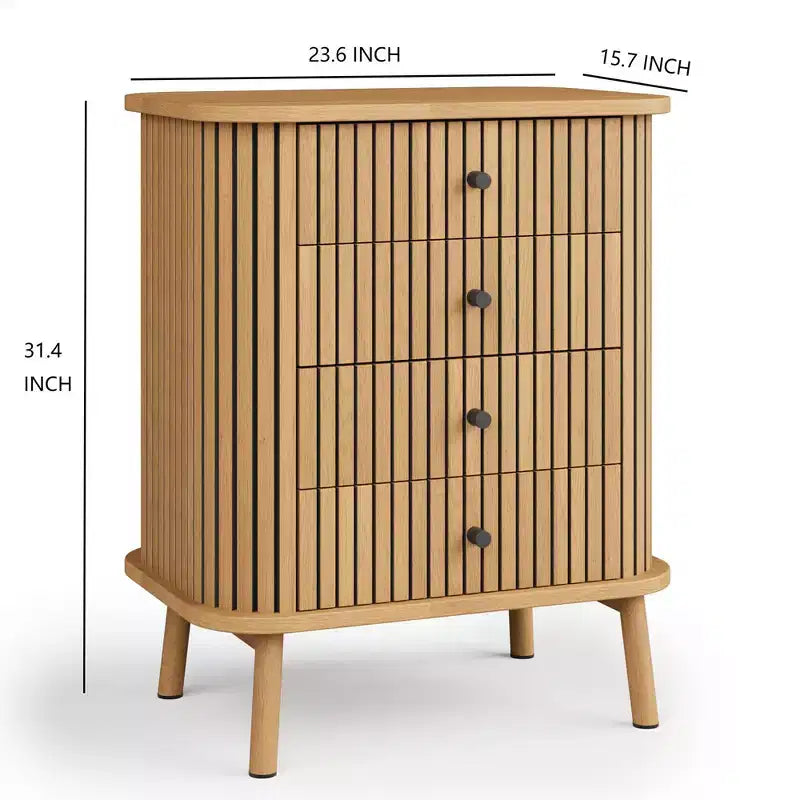 Commode bohème à 4 tiroirs cannelés - Moderne avec profil incurvé, Naturel