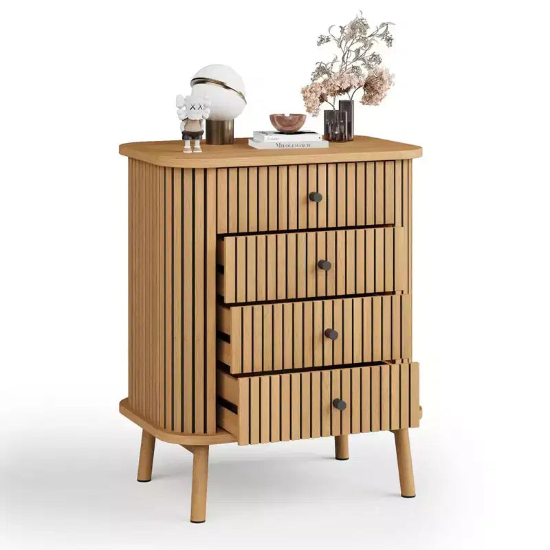 Commode bohème à 4 tiroirs cannelés - Moderne avec profil incurvé, Naturel