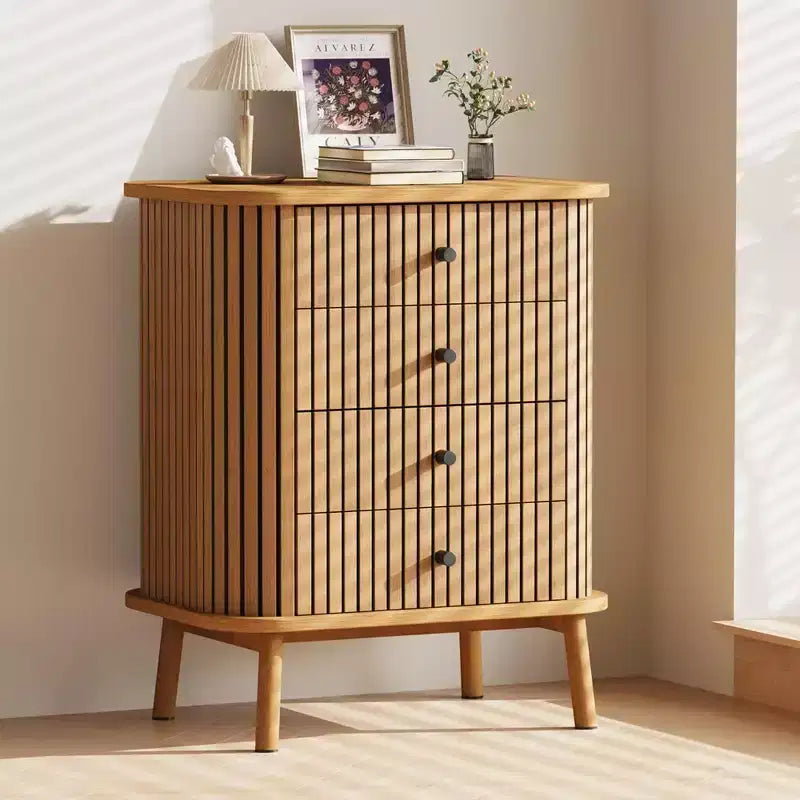Commode bohème à 4 tiroirs cannelés - Moderne avec profil incurvé, Naturel