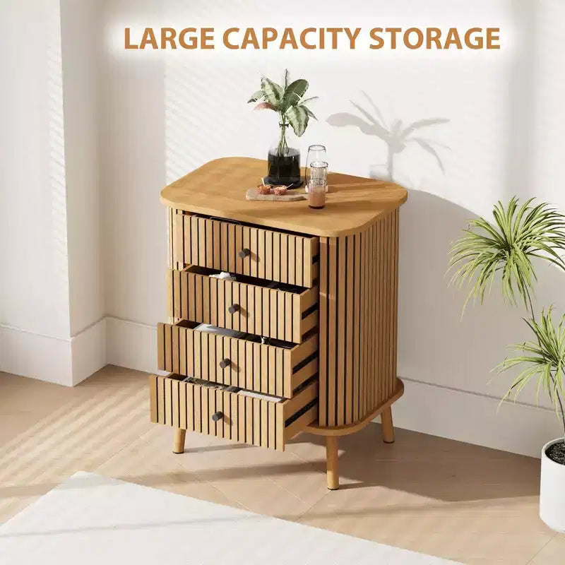 Commode bohème à 4 tiroirs cannelés - Moderne avec profil incurvé, Naturel