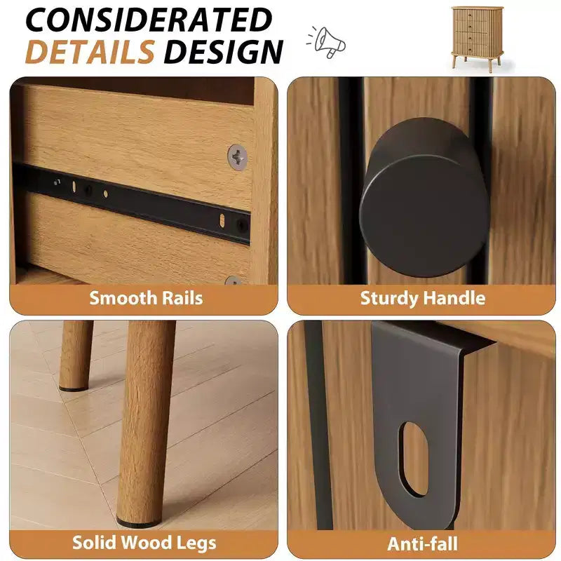 Commode bohème à 4 tiroirs cannelés - Moderne avec profil incurvé, Naturel