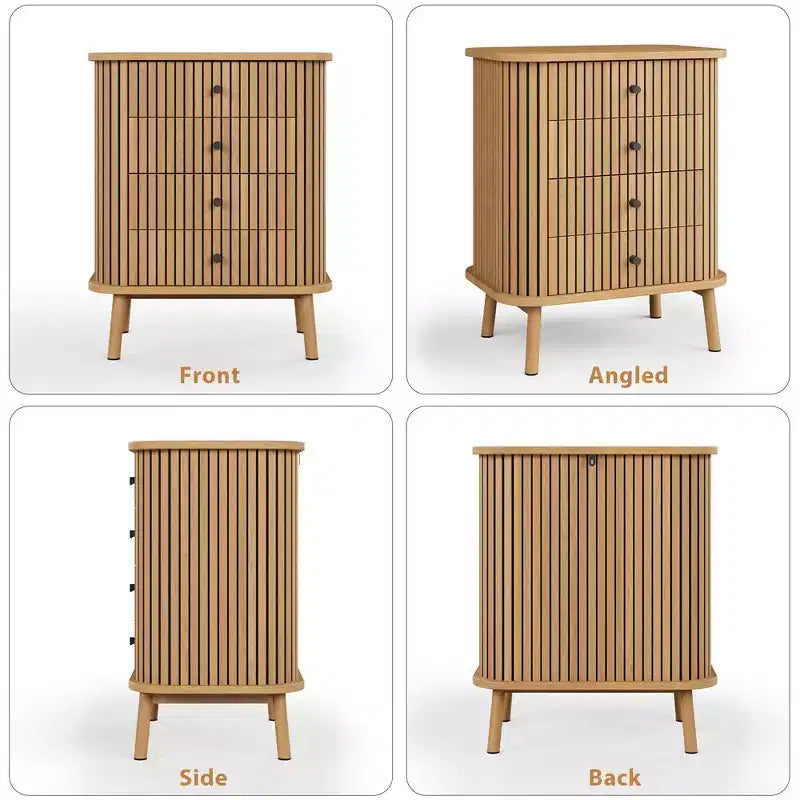 Commode bohème à 4 tiroirs cannelés - Moderne avec profil incurvé, Naturel