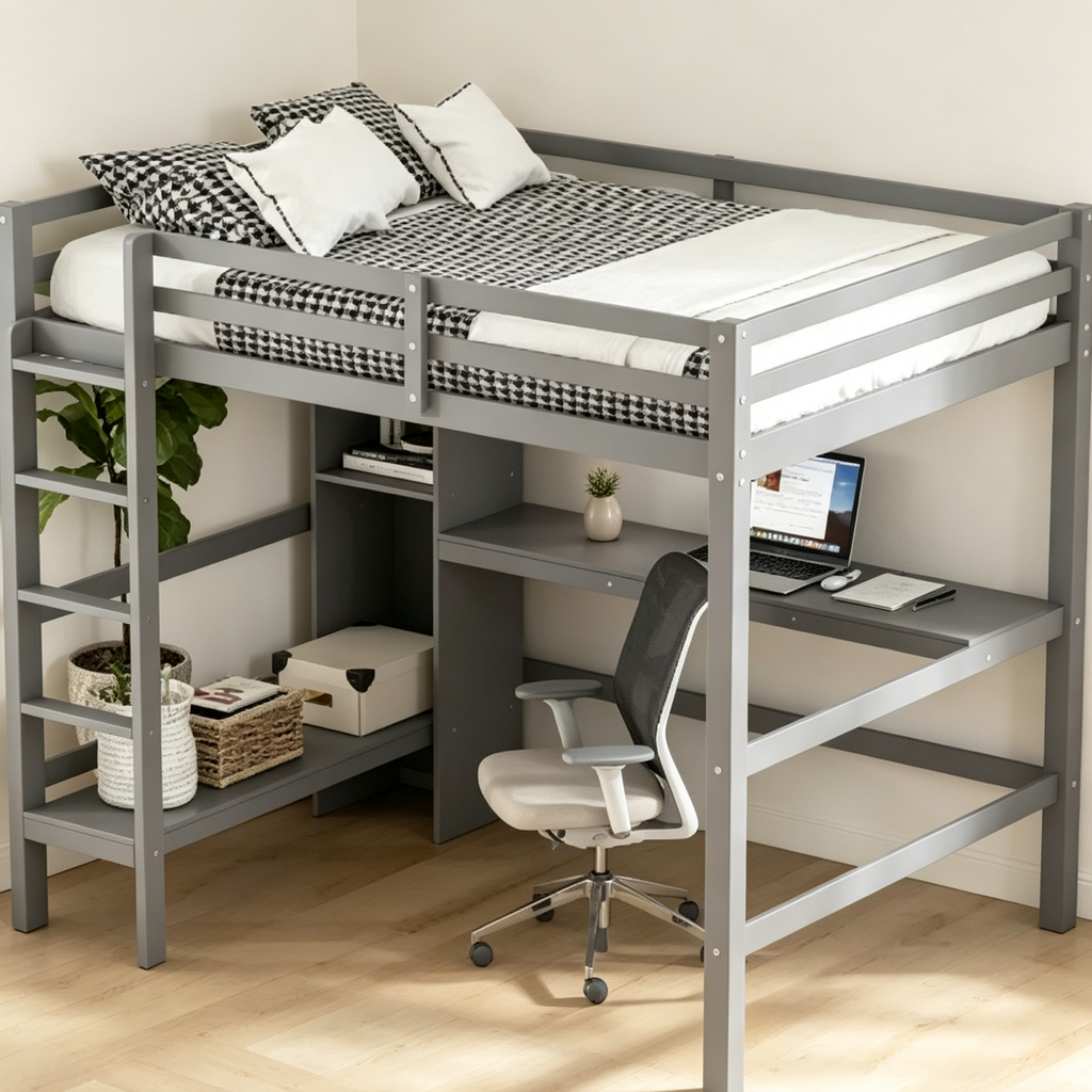Lit mezzanine double avec bureau intégré et étagères multifonctions - Bois de pin