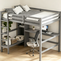 Lit mezzanine double avec bureau intégré et étagères multifonctions - Bois de pin