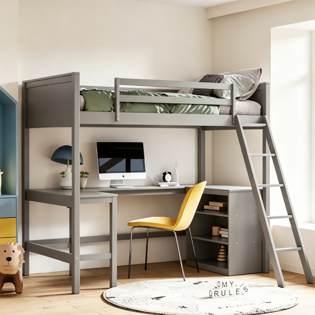 Lit mezzanine simple avec étagères et bureau - Pin massif, gris