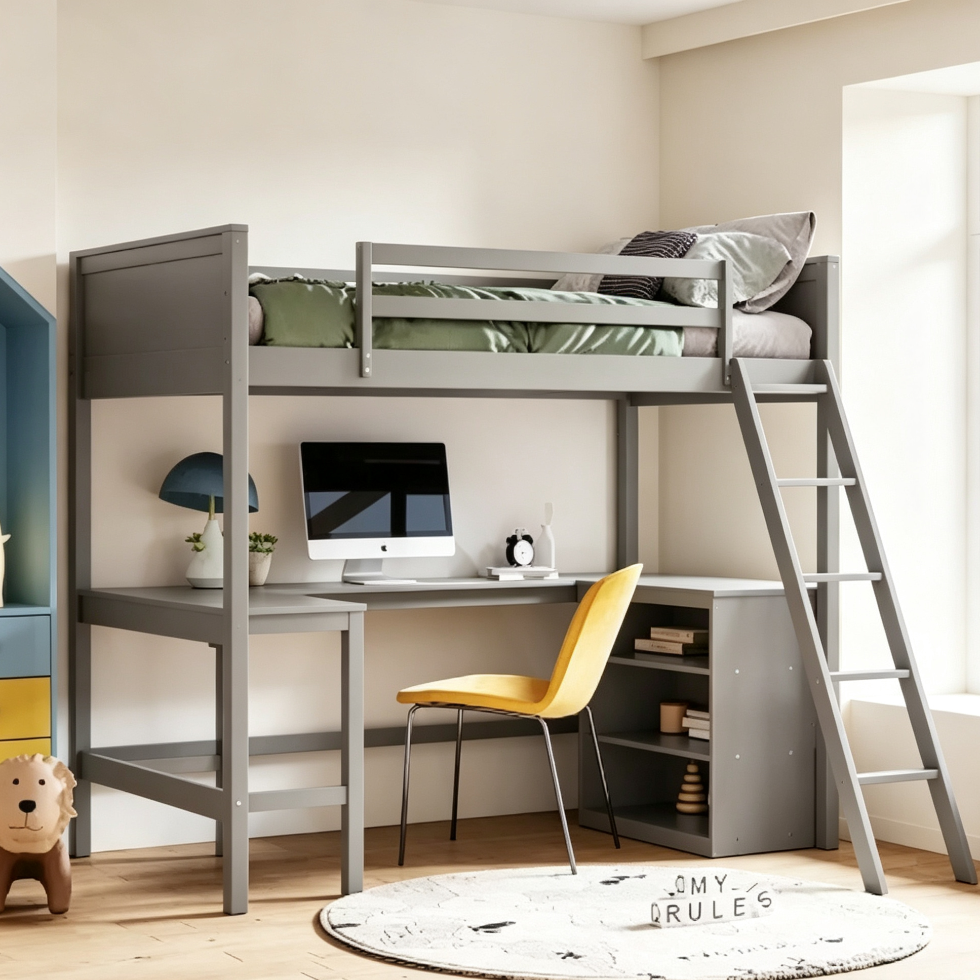 Lit mezzanine simple avec étagères et bureau - Pin massif, gris