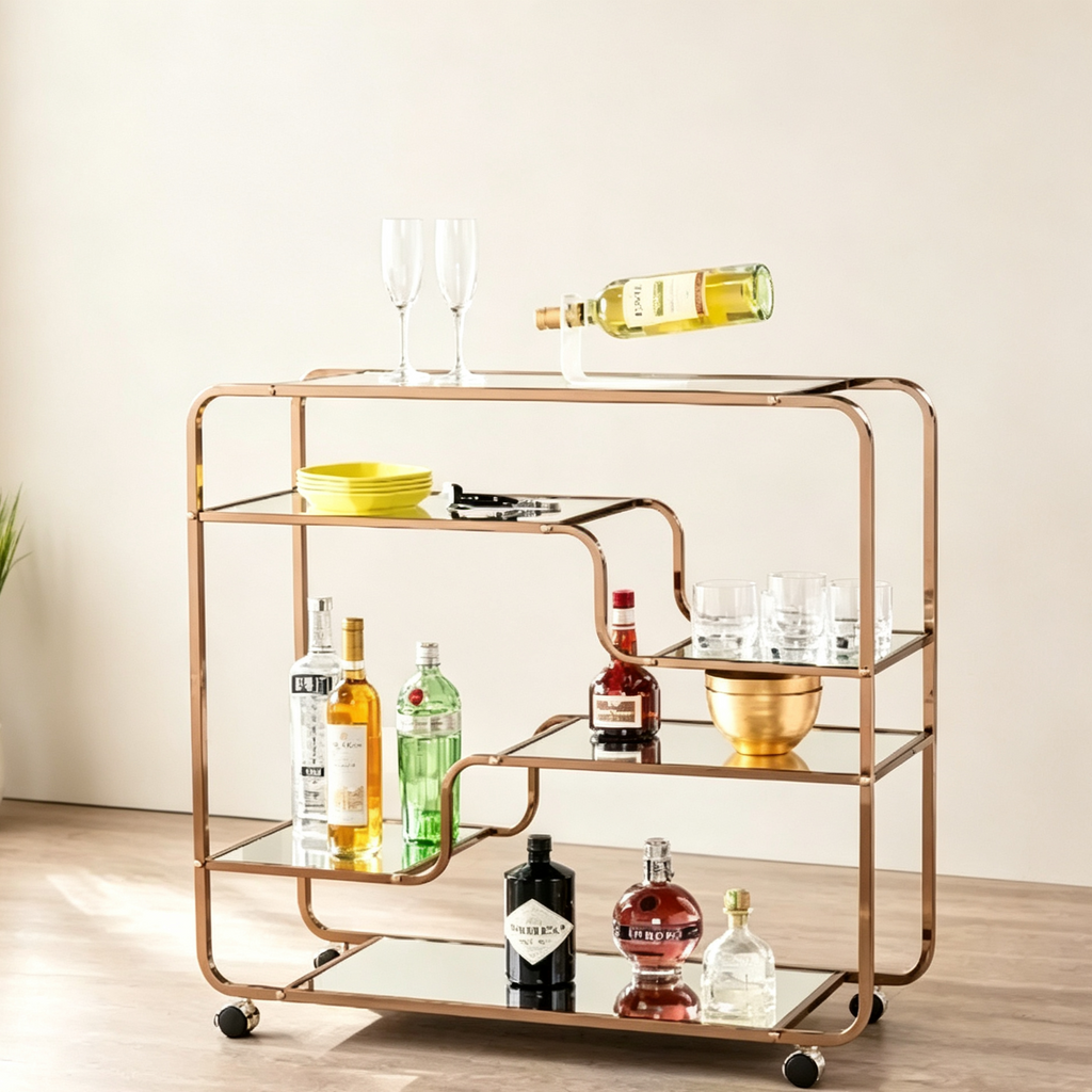 Chariot de bar Art déco à miroir avec 6 étagères et roulettes verrouillables - Doré