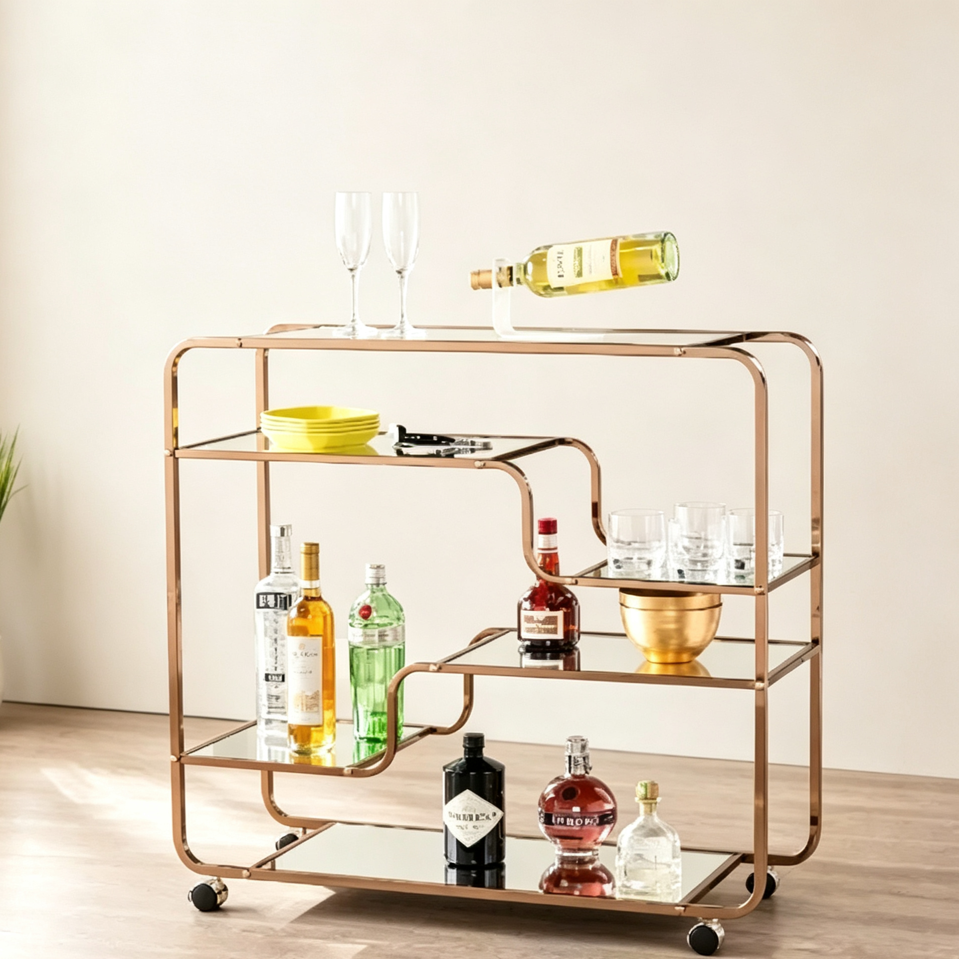 Chariot de bar Art déco à miroir avec 6 étagères et roulettes verrouillables - Doré
