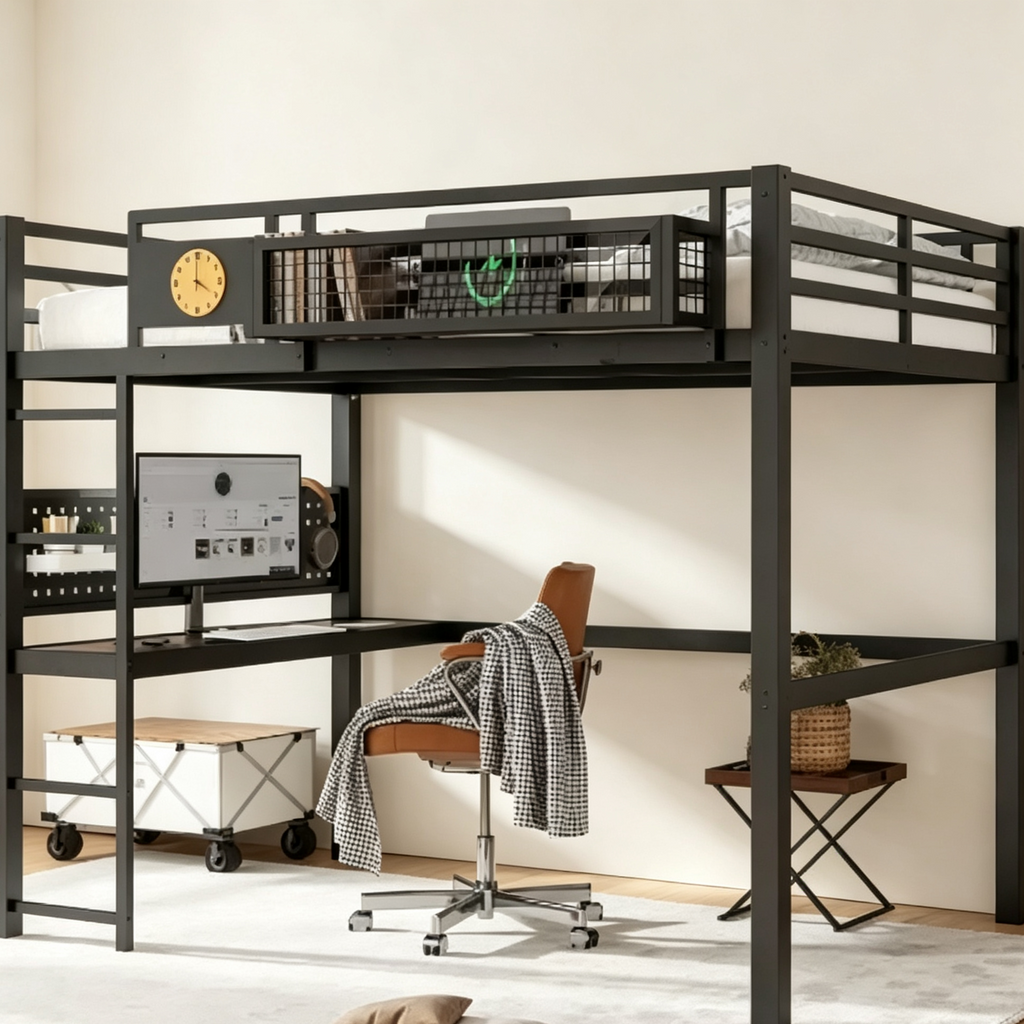Lit mezzanine en métal double XL/double avec bureau, port de charge, panier de rangement et horloge, noir