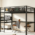Lit mezzanine en métal double XL/double avec bureau, port de charge, panier de rangement et horloge, noir