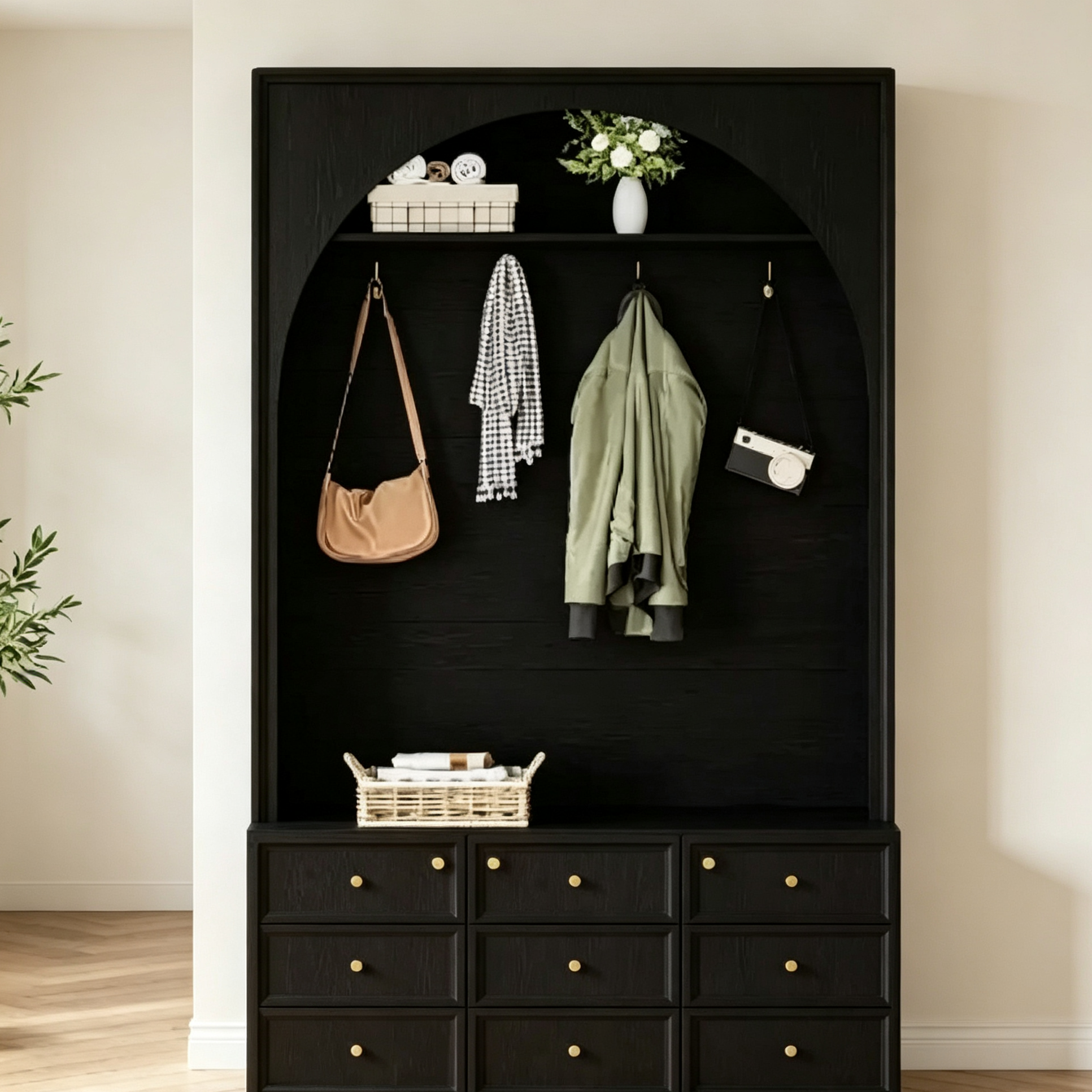Meuble d'entrée tout-en-un avec patère, banc de rangement et meuble à chaussures, crochets et étagères réglables