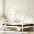 Lit plateforme pour enfants en forme de maison pleine grandeur avec escaliers - Bois massif, blanc