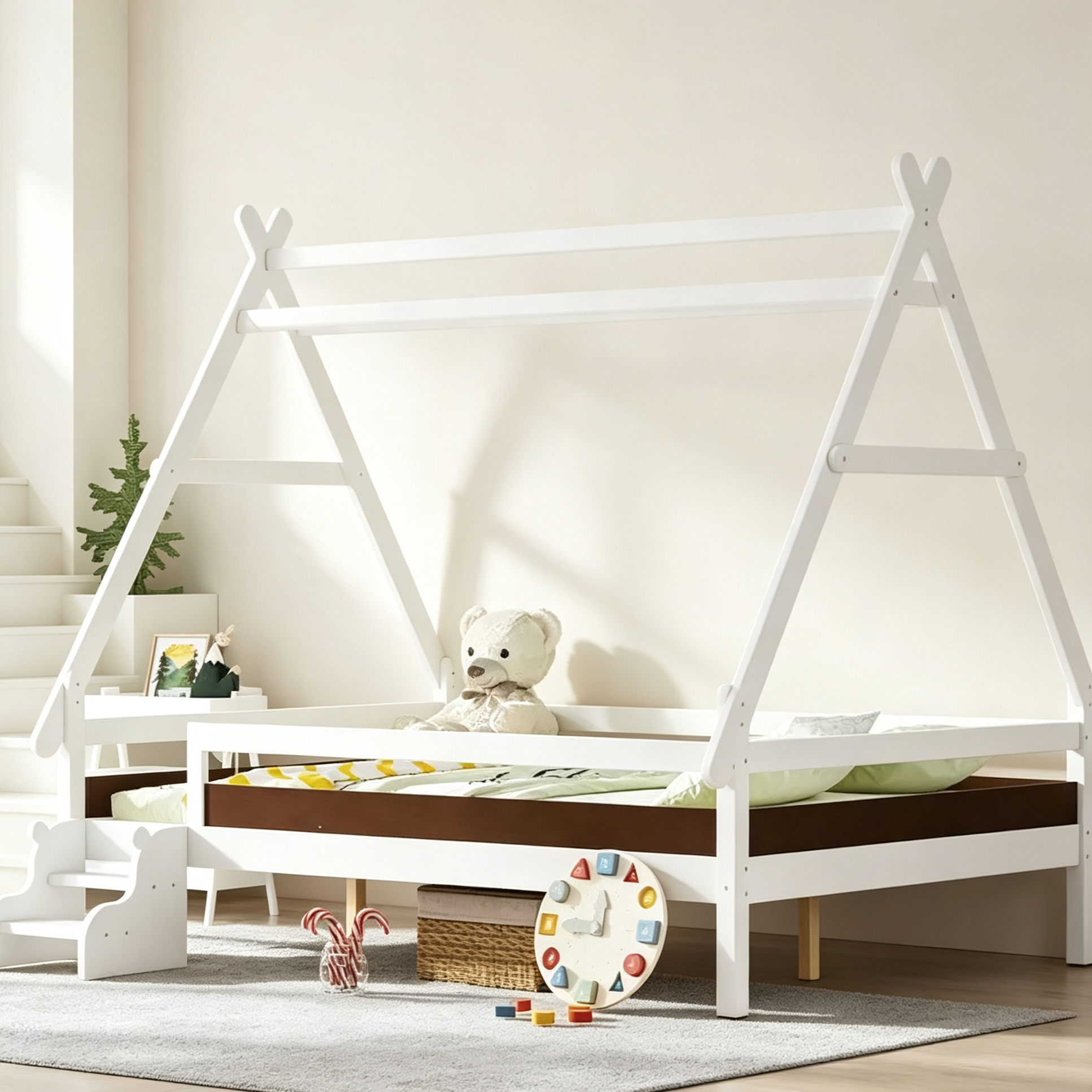 Lit plateforme pour enfants en forme de maison pleine grandeur avec escaliers - Bois massif, blanc