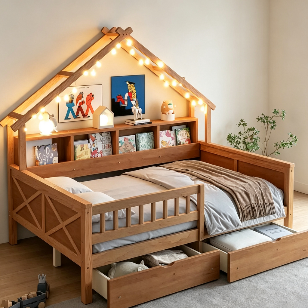 Lit plateforme pour enfant en forme de maison avec lumières LED et tiroirs de rangement