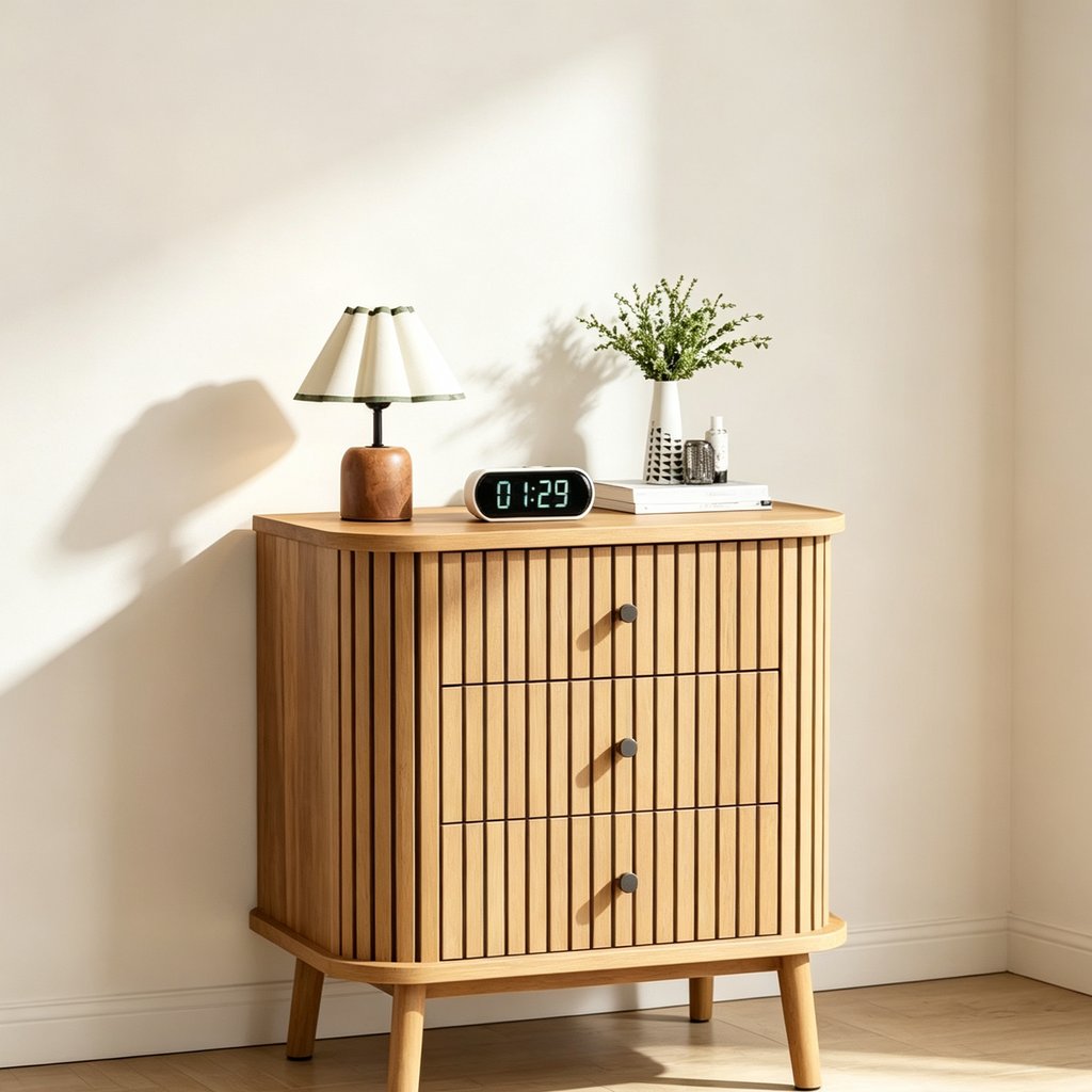 Commode bohème à 4 tiroirs cannelés - Moderne avec profil incurvé, Naturel