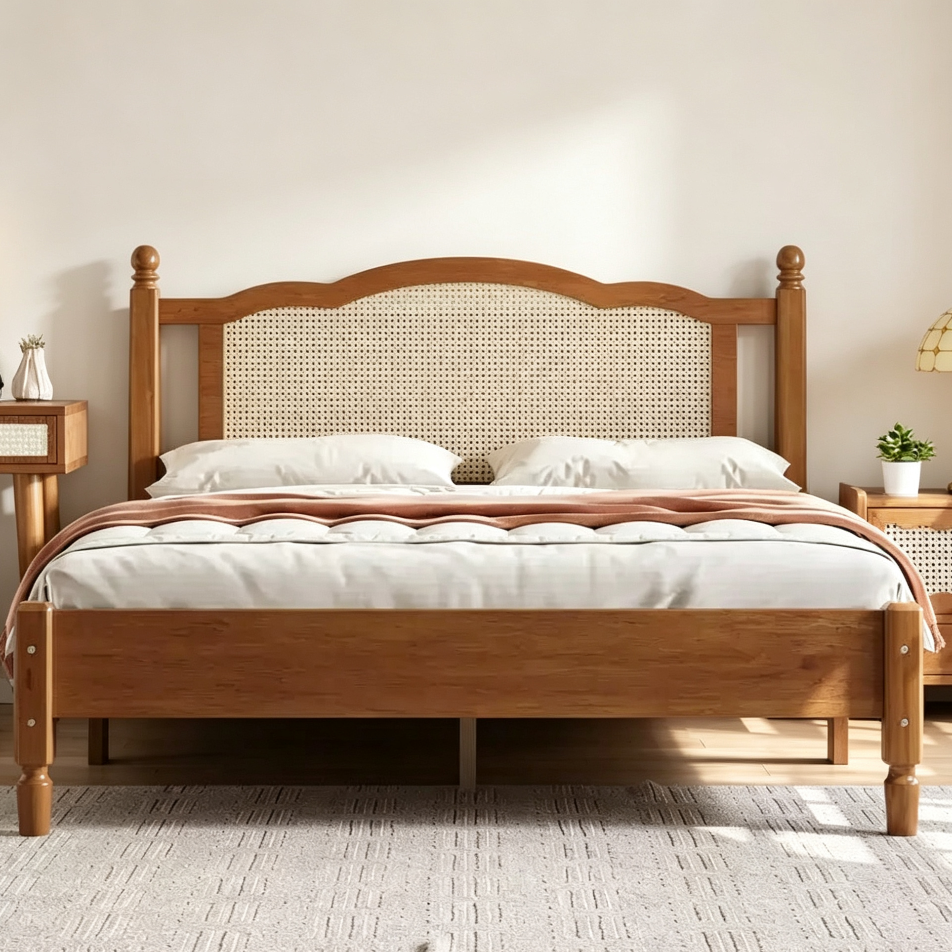 Lit plateforme Queen en bois avec tête de lit en rotin naturel, cadre de lit vintage avec support à lattes, noyer